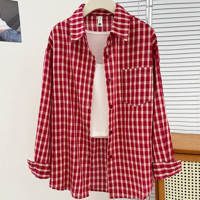 Korean-style Vintage Plaid Shirt New Spring And Autumn Casual Versatile Top Loose And Slimming Versatile College-style Shirt