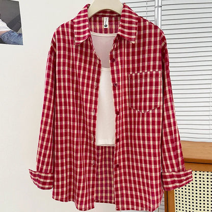 Korean-style Vintage Plaid Shirt New Spring And Autumn Casual Versatile Top Loose And Slimming Versatile College-style Shirt
