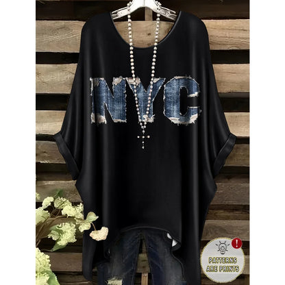 T-Shirts Women Fashion Fake Denim Print Elegant Splicing Graphic O-Neck Medium Stretch Four Seasons Short Sleeve Woman Clothes