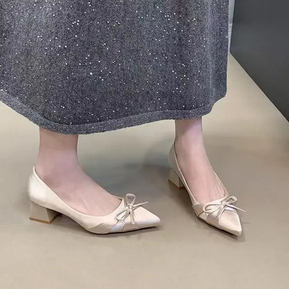 Retro Mid-length Single Shoes Spring and Summer New Fashion Belt Buckle Pointed Toe Comfortable Shallow Toe Bow Tie Casual Shoe