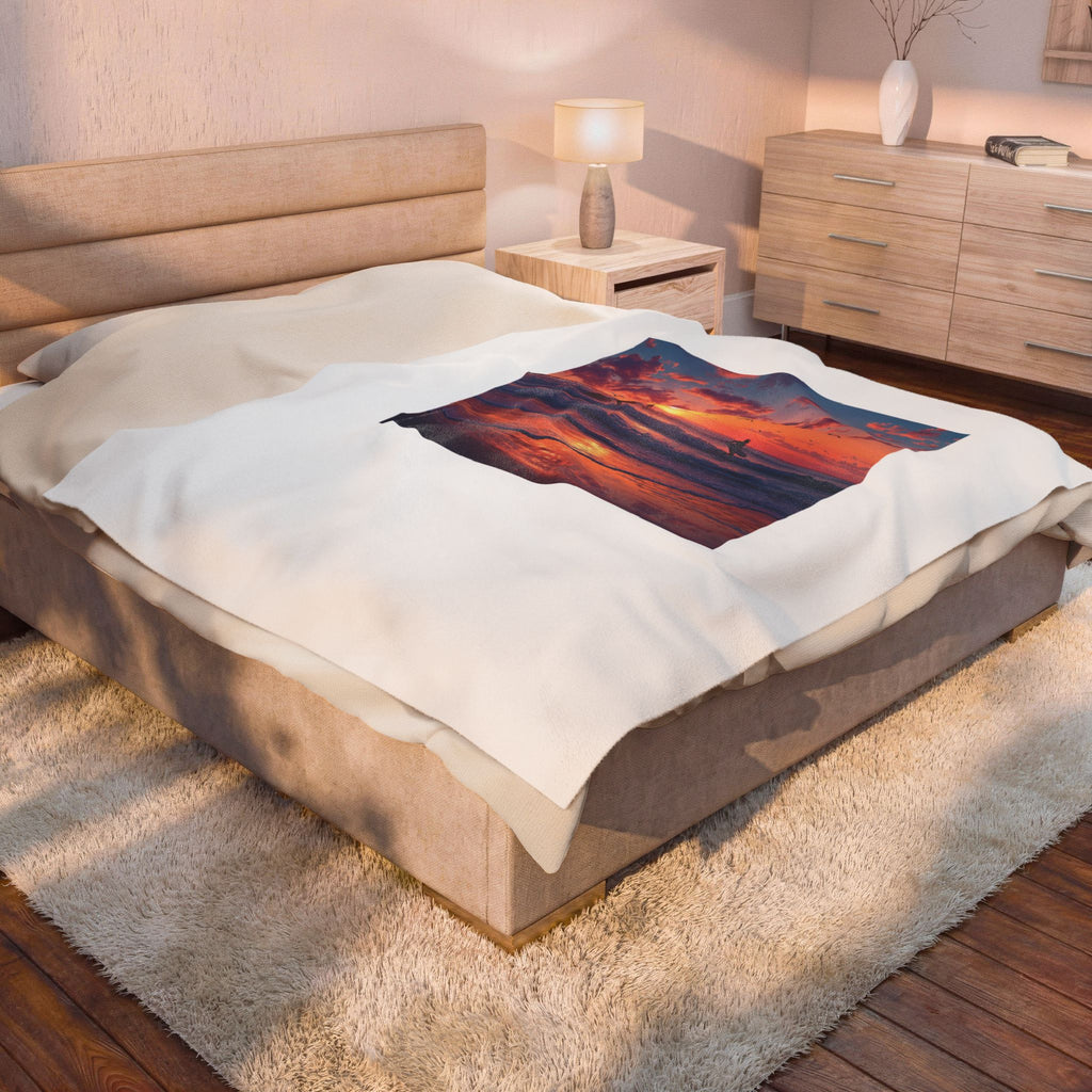 Sunset Surf Velveteen Plush Blanket – Tropical Beach Sunset with Surfers