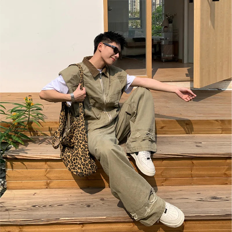 American Fashion Brand Retro Denim Jacket Men Summer New Silhouette Design Shoulder Vest Loose Pants Set Fashionable and Casual