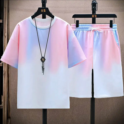 New hot-selling summer couple ice silk set, loose Korean-style casual unisex sports T-shirt and shorts, fashionable quick-dry
