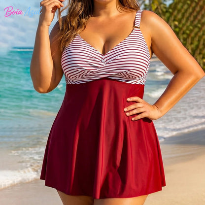 Big size color-blocked striped skirt-style swimsuit cross V-neck swimsuit with belly coverage for ladies sexy backless swimsuit