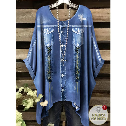 T-Shirts Women Fashion Fake Denim Print Elegant Splicing Graphic O-Neck Medium Stretch Four Seasons Short Sleeve Woman Clothes