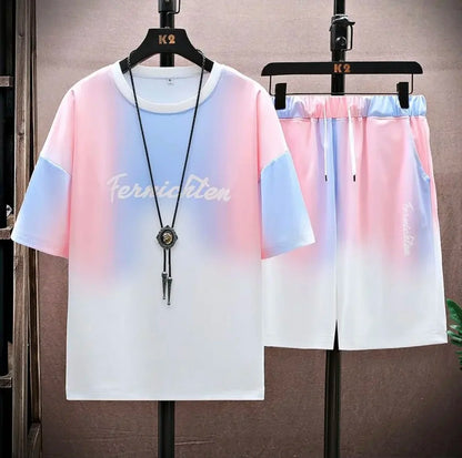 New hot-selling summer couple ice silk set, loose Korean-style casual unisex sports T-shirt and shorts, fashionable quick-dry