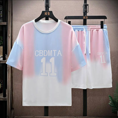 New hot-selling summer couple ice silk set, loose Korean-style casual unisex sports T-shirt and shorts, fashionable quick-dry