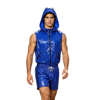 Mens Waterproof Sportwear Tracksuit Front Zipper Sleeveless Hooded Vest with Shorts Built-in Briefs for Gyms Fitness Workout