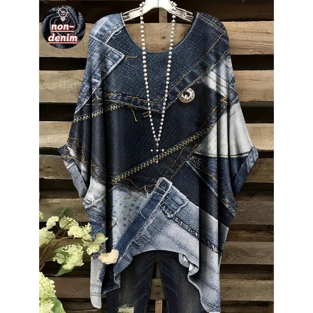 T-Shirts Women Fashion Fake Denim Print Elegant Splicing Graphic O-Neck Medium Stretch Four Seasons Short Sleeve Woman Clothes