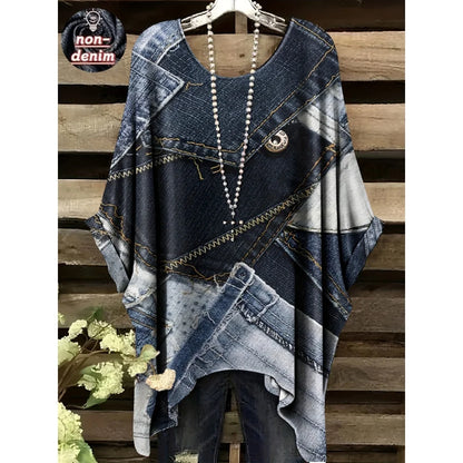 T-Shirts Women Fashion Fake Denim Print Elegant Splicing Graphic O-Neck Medium Stretch Four Seasons Short Sleeve Woman Clothes