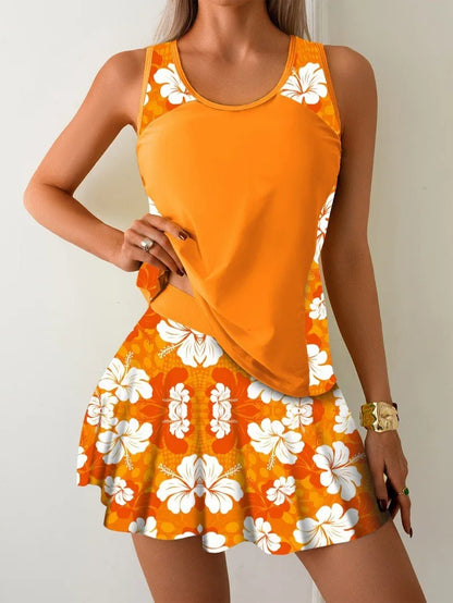Sleeveless Tankini Top Swimwear Woman Tankini Yellow Floral Print Skirted Bottom Swim Tank Bright Color Two Piece Swimsuit