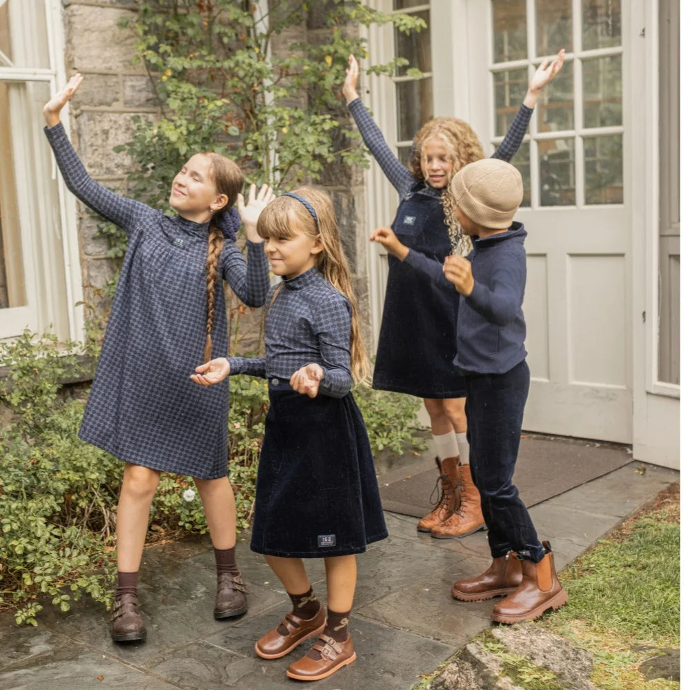 AP AW26 Navy Blue Corduroy Collection Kids Boy Girl Fashion Geometric Print shirt Family Matching Clothing Dress Top Jumper