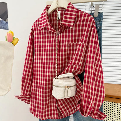 Korean-style Vintage Plaid Shirt New Spring And Autumn Casual Versatile Top Loose And Slimming Versatile College-style Shirt