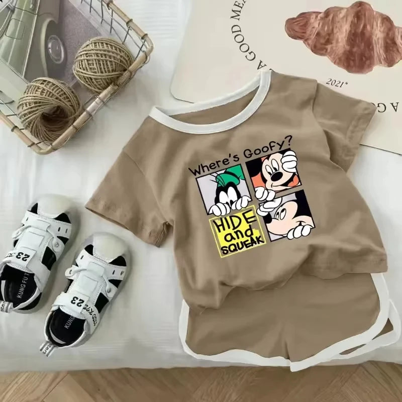 Mickey Mouse Short Sleeve Clothes Set For Kid 2026 Spring Summer Baby Boy Girl Polo Shirt+Jeans 2PCE Children Clothing Tracksuit