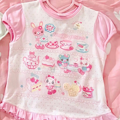 Sweet Kawaii Cartoon Bunny T Shirt Mini Skirt Two Piece Outfit Y2K Girls Raglan Short Sleeve Casual Street Daily Holiday Wear