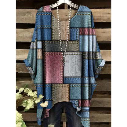 T-Shirts Women Fashion Fake Denim Print Elegant Splicing Graphic O-Neck Medium Stretch Four Seasons Short Sleeve Woman Clothes