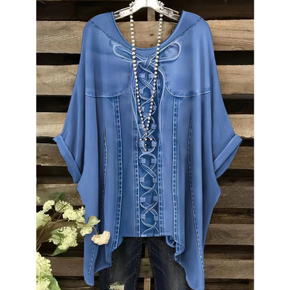 T-Shirts Women Fashion Fake Denim Print Elegant Splicing Graphic O-Neck Medium Stretch Four Seasons Short Sleeve Woman Clothes