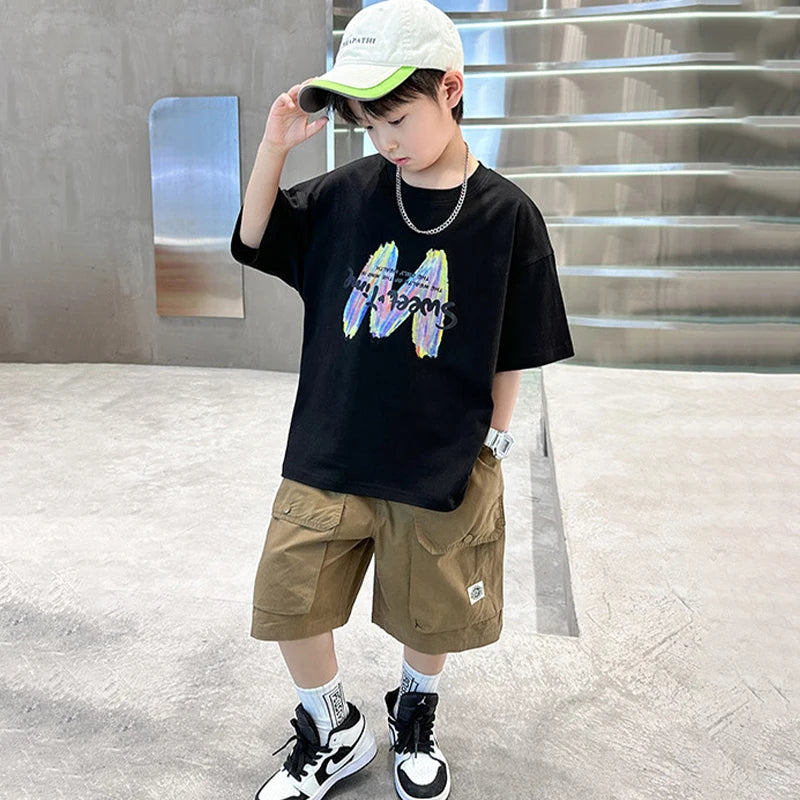 Summer Boys Clothing Set Fashion Short Sleeve Letter T-shirt Shorts 2Pcs For 4-12 Years Kids Tracksuits Teenager Casual Outfits