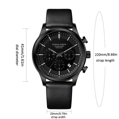 Hannah Martin Men Gift Box Men Watch Black Leather 41mm Business Multifunctional Timing Clock Quartz Movement Sports Men Watches