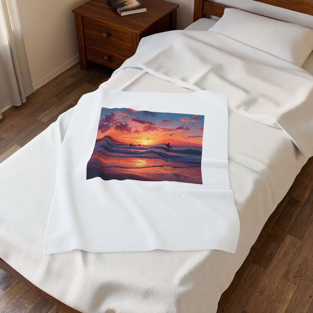 Sunset Surf Velveteen Plush Blanket – Tropical Beach Sunset with Surfers