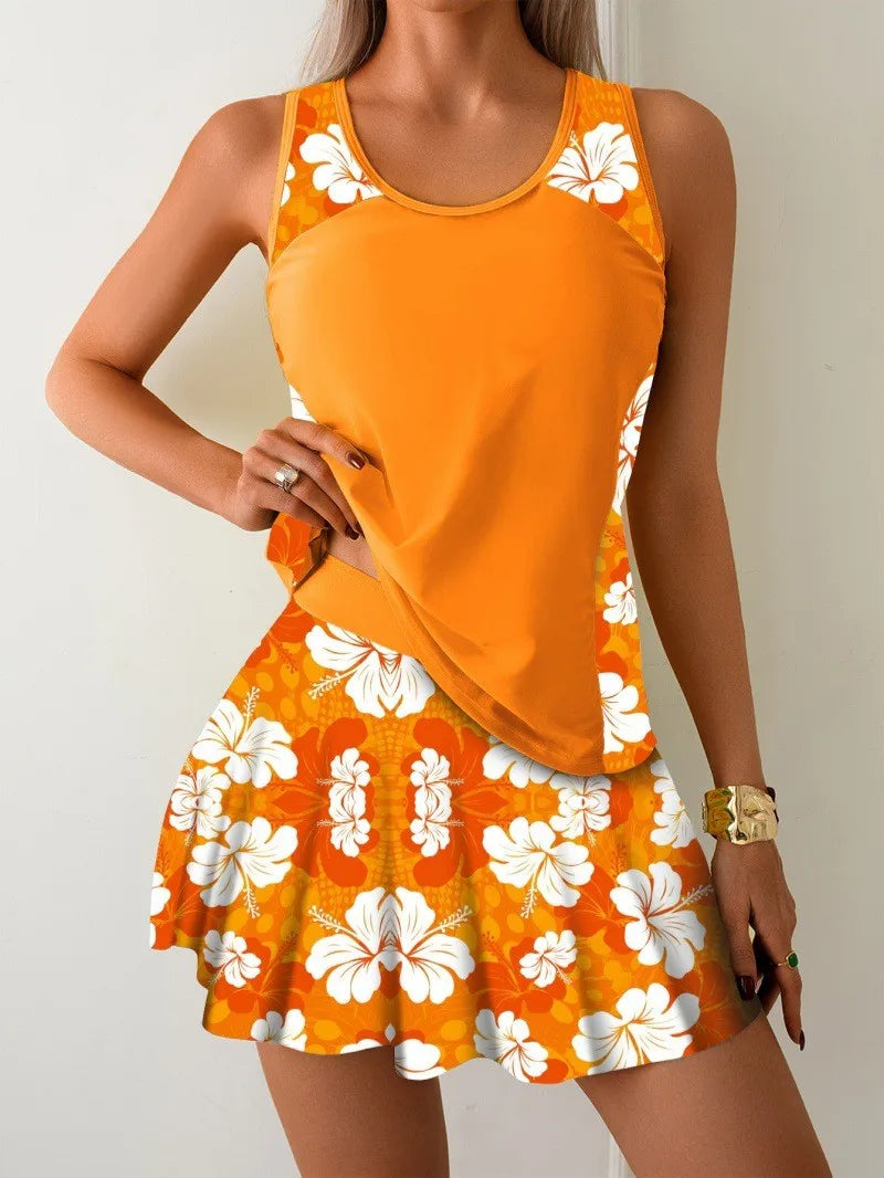 Sleeveless Tankini Top Swimwear Woman Tankini Yellow Floral Print Skirted Bottom Swim Tank Bright Color Two Piece Swimsuit