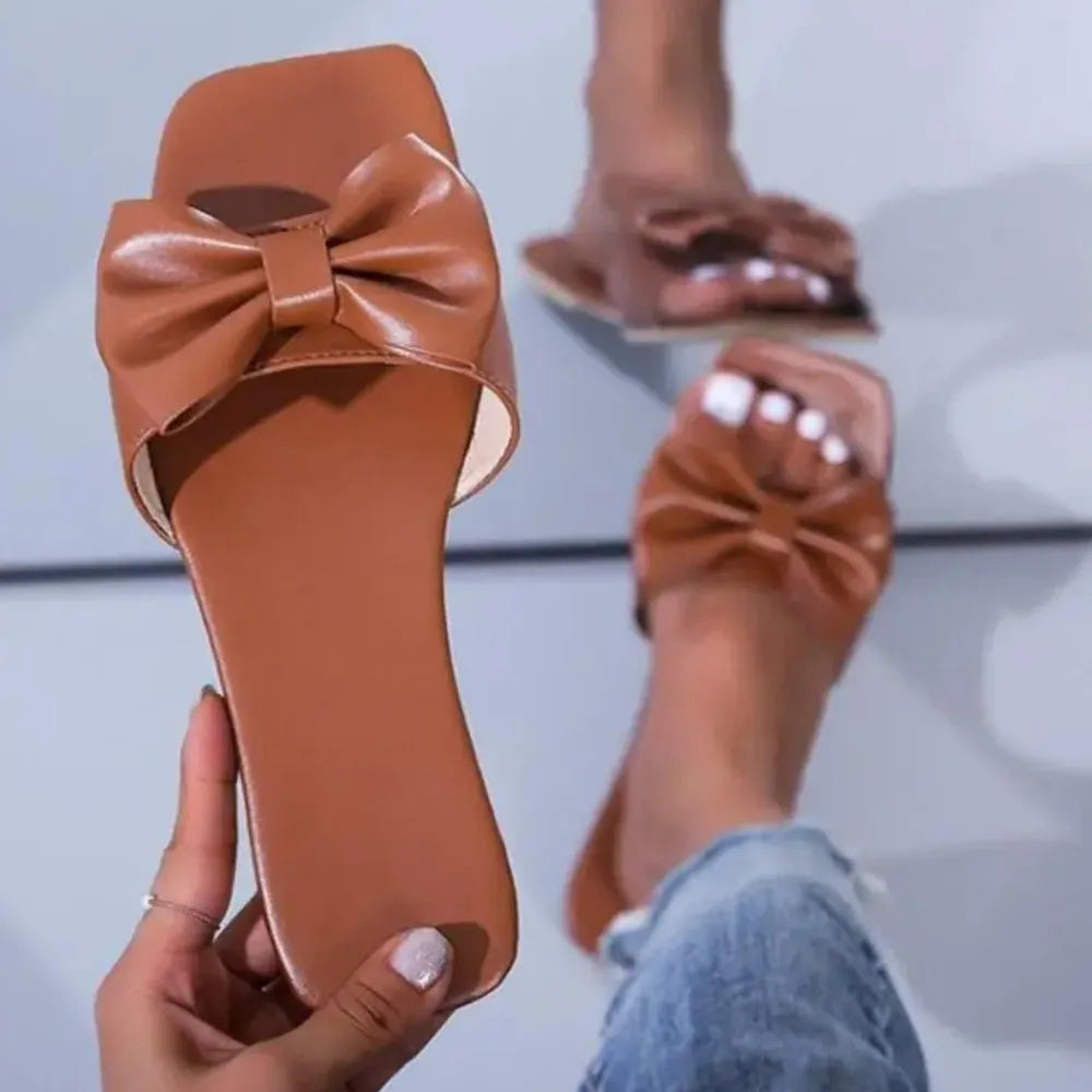 2026 Women‘s Home Slippers Summer Outdoor Flat Leather Bow Non-slip Beach Lady Casual  Fashion Women Sandals Pantufa Shoes