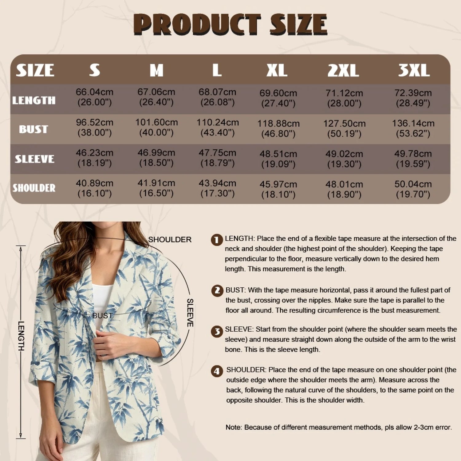 PENSTROLL Blue Leaf Print Loose Fit Open Front Top for Daily Wear Linen Style Jackets Sizes S-3XL