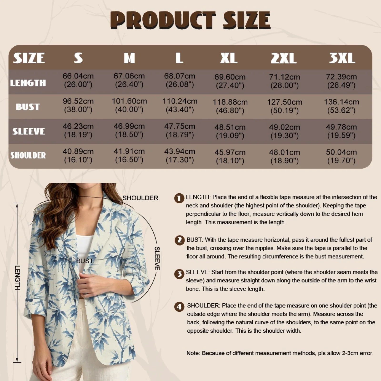 PENSTROLL Blue Leaf Print Loose Fit Open Front Top for Daily Wear Linen Style Jackets Sizes S-3XL