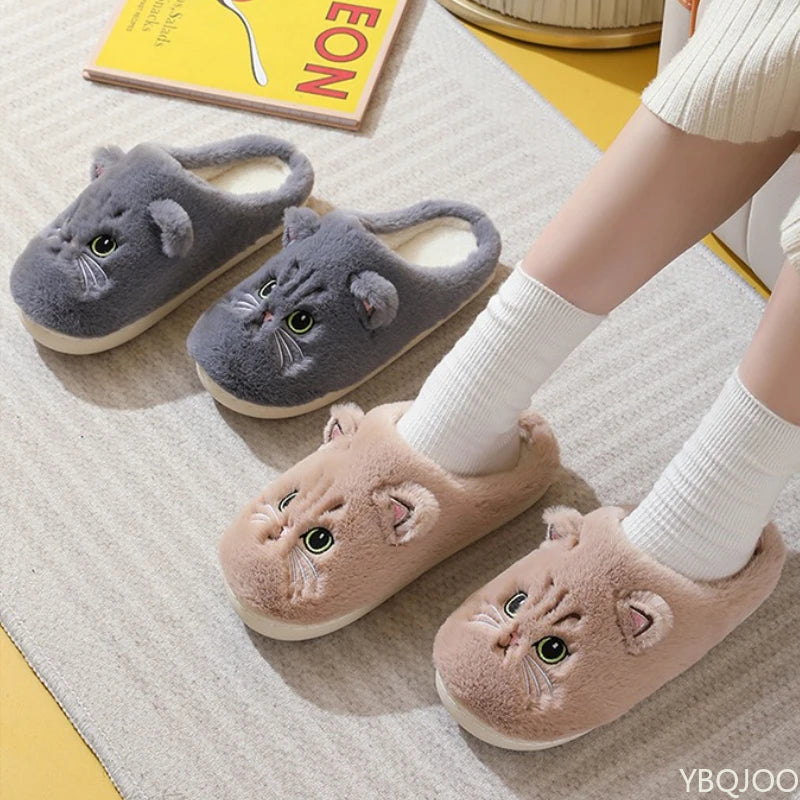 New Autumn Winter Cotton Slippers Men and Women Couple Cartoon Kitten Indoor Plush Flat Bottom Home Warmth Women&