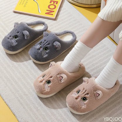 New Autumn Winter Cotton Slippers Men and Women Couple Cartoon Kitten Indoor Plush Flat Bottom Home Warmth Women&
