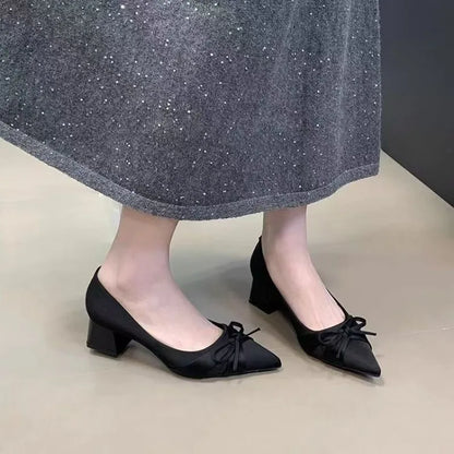 Retro Mid-length Single Shoes Spring and Summer New Fashion Belt Buckle Pointed Toe Comfortable Shallow Toe Bow Tie Casual Shoe