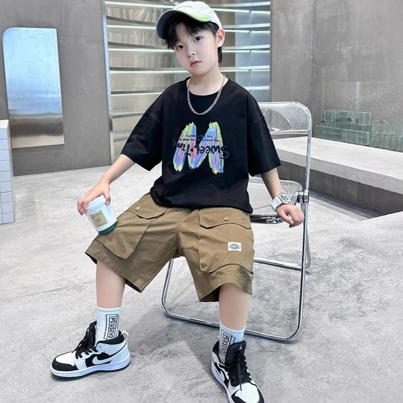 Summer Boys Clothing Set Fashion Short Sleeve Letter T-shirt Shorts 2Pcs For 4-12 Years Kids Tracksuits Teenager Casual Outfits