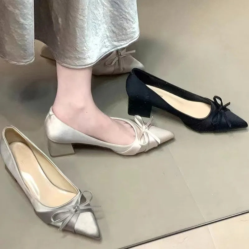 Retro Mid-length Single Shoes Spring and Summer New Fashion Belt Buckle Pointed Toe Comfortable Shallow Toe Bow Tie Casual Shoe