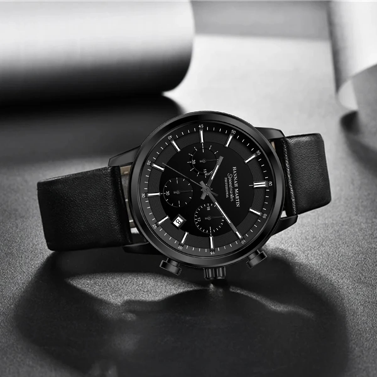 Hannah Martin Men Gift Box Men Watch Black Leather 41mm Business Multifunctional Timing Clock Quartz Movement Sports Men Watches