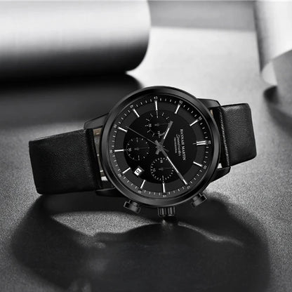Hannah Martin Men Gift Box Men Watch Black Leather 41mm Business Multifunctional Timing Clock Quartz Movement Sports Men Watches