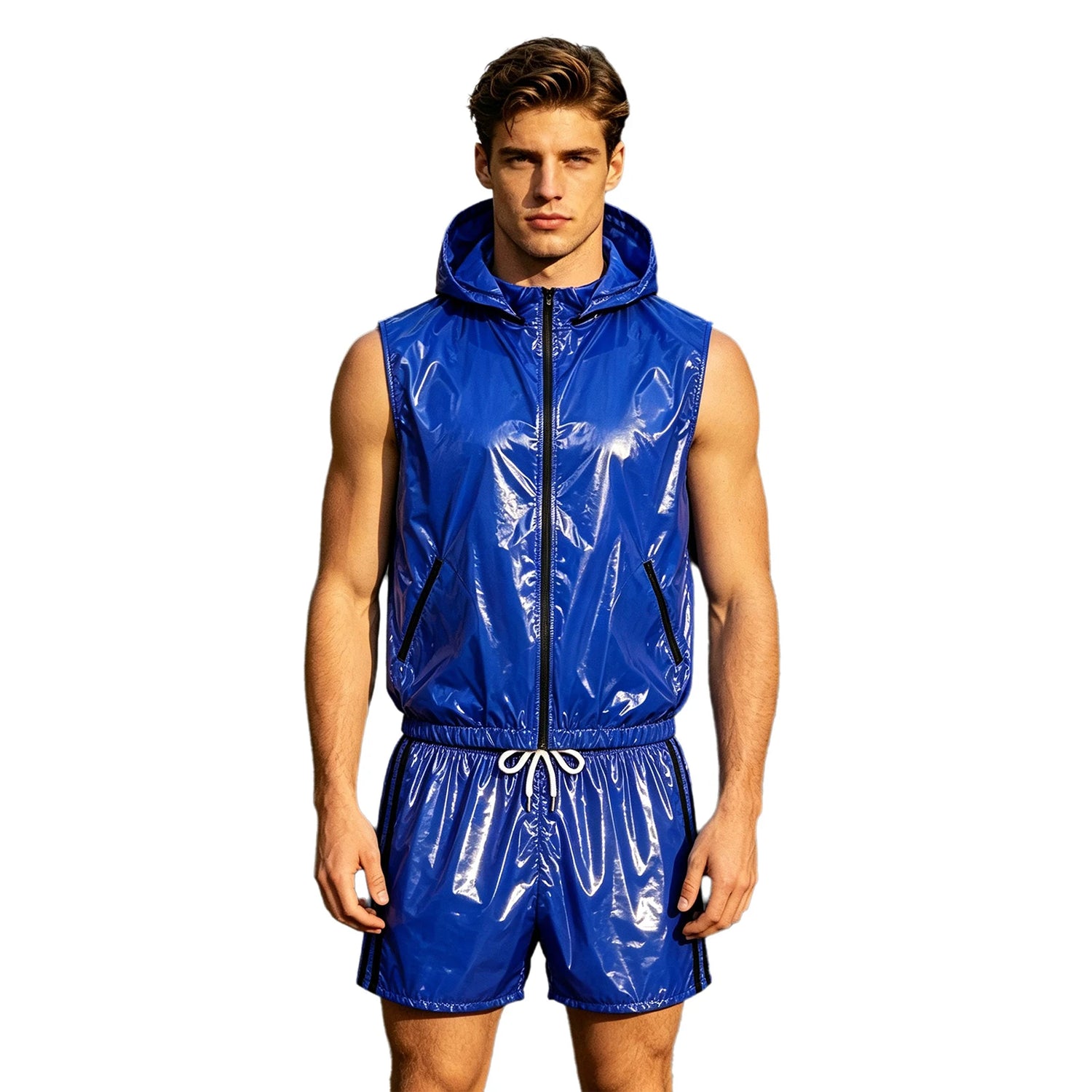 Mens Waterproof Sportwear Tracksuit Front Zipper Sleeveless Hooded Vest with Shorts Built-in Briefs for Gyms Fitness Workout