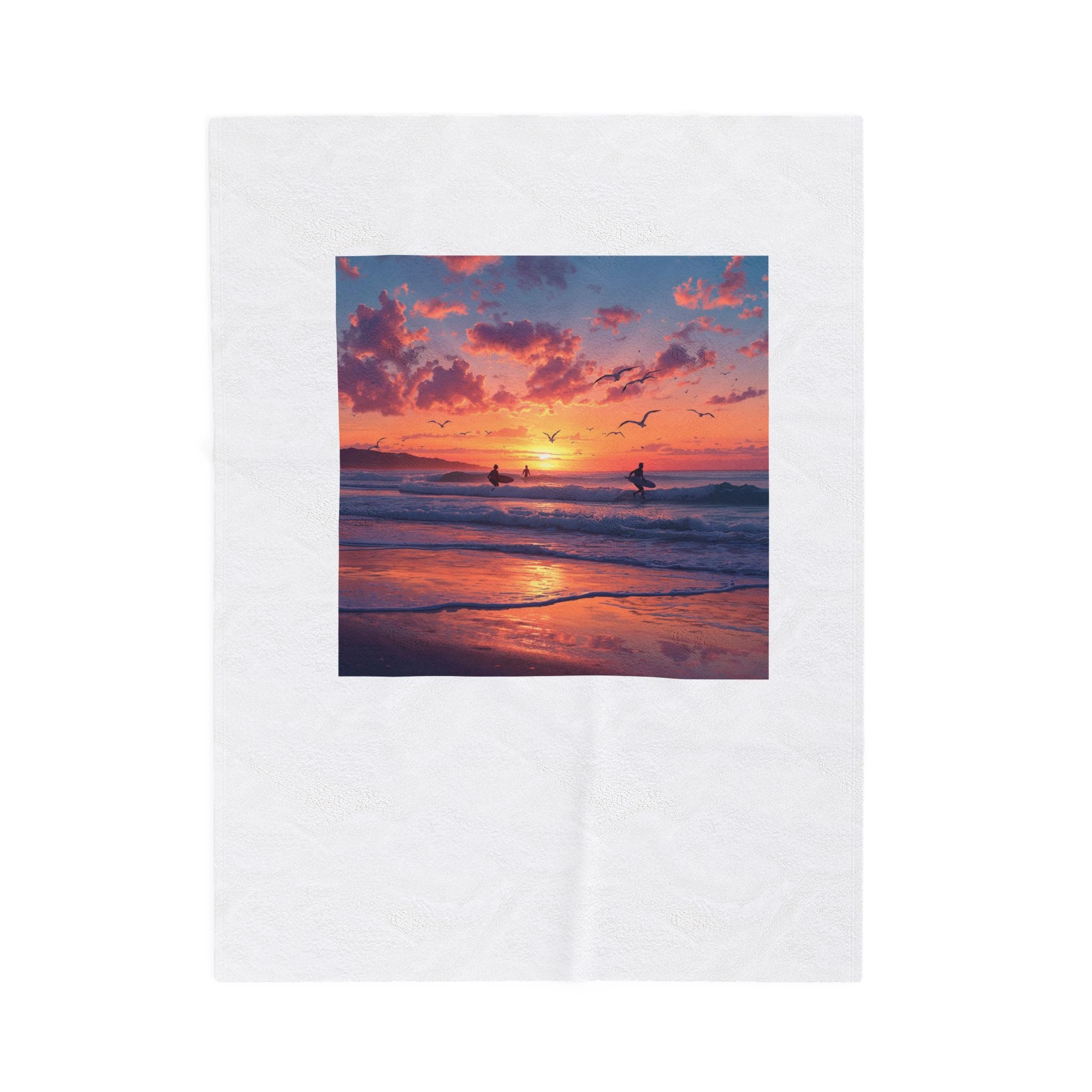 Sunset Surf Velveteen Plush Blanket – Tropical Beach Sunset with Surfers