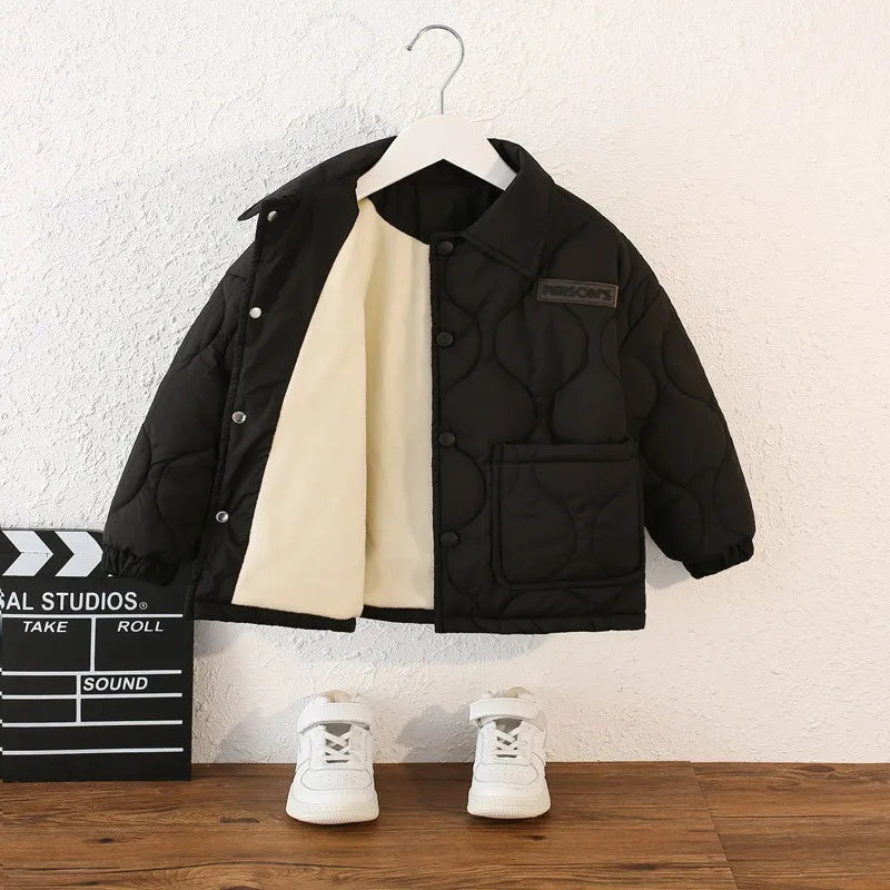 Autumn Kids Cotton Jacket Winter Boys Solid Color Thick Plus Velvet Warm Coat For 3-10 Years Teen Children Outerwear Clothing ﻿