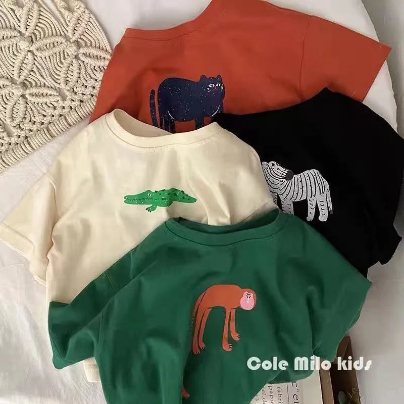 Animal Pattern Baby Boys Girls Short Sleeve Tops Kids Tees Summer Clothing Loose Fashion Trendy Children&