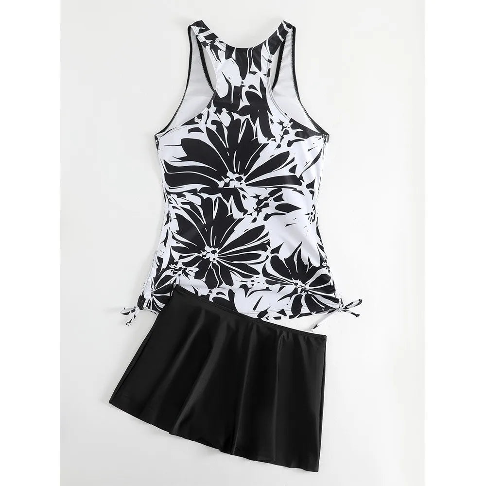 Tankini Woman Bikini Sleeveless Tank Top Skirted Bottom Bikinis Floral Print Swimsuit Pleated Skirt Two Piece Swimsuit Swimwear