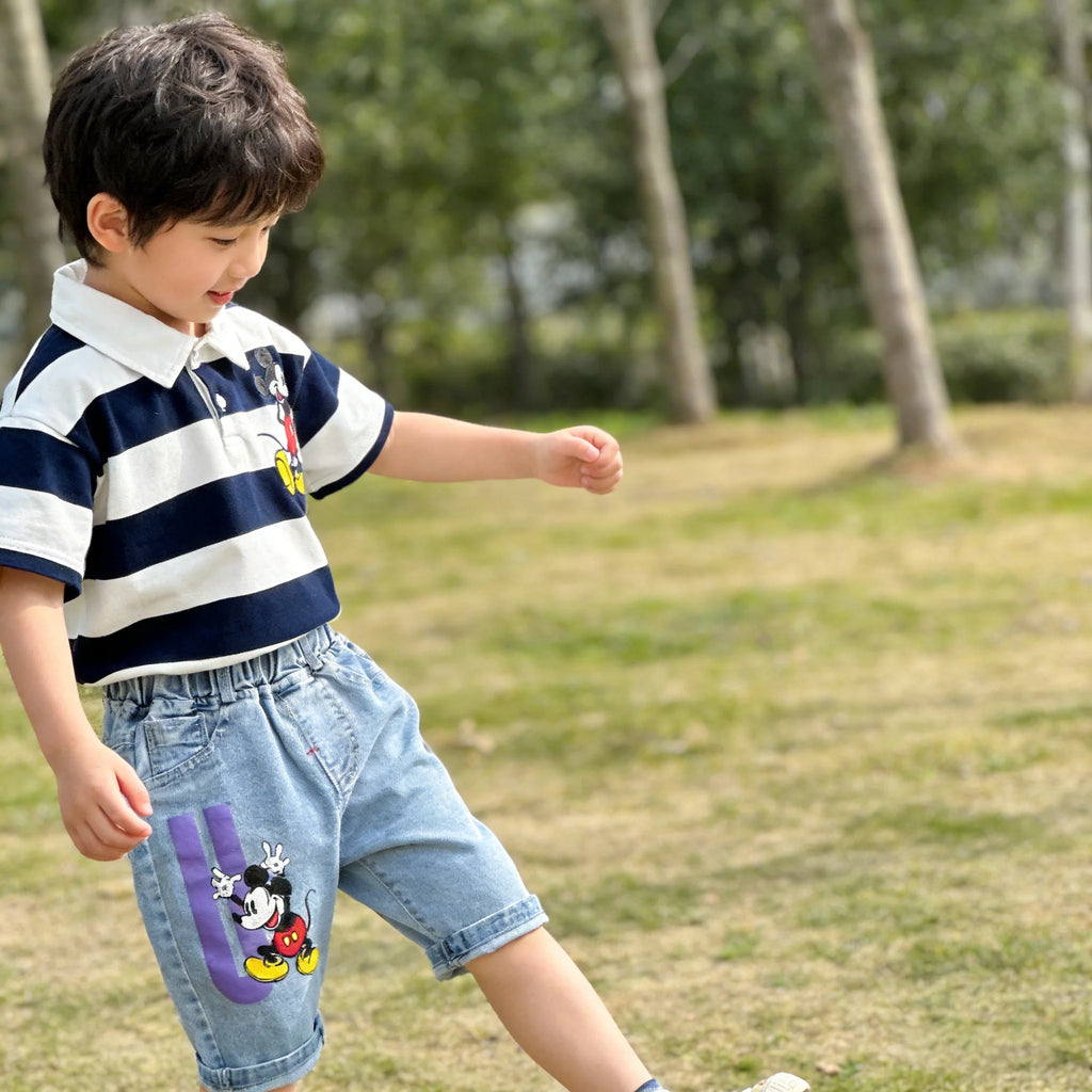 Mickey Mouse Short Sleeve Clothes Set For Kid 2026 Spring Summer Baby Boy Girl Polo Shirt+Jeans 2PCE Children Clothing Tracksuit
