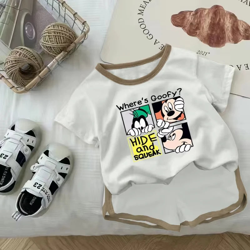 Mickey Mouse Short Sleeve Clothes Set For Kid 2026 Spring Summer Baby Boy Girl Polo Shirt+Jeans 2PCE Children Clothing Tracksuit