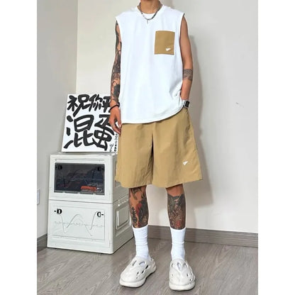 Men Patch Pocket Sleeveless Tank Top Loose Ice Silk Shorts Set Trendy Casual Summer Two Piece Outfit