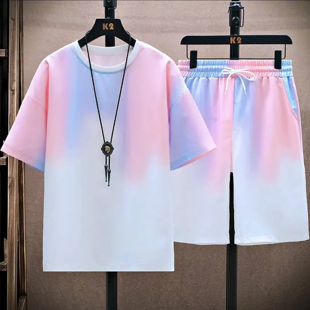 New hot-selling summer couple ice silk set, loose Korean-style casual unisex sports T-shirt and shorts, fashionable quick-dry