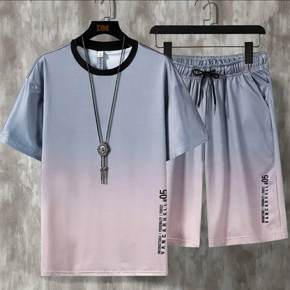 New hot-selling summer couple ice silk set, loose Korean-style casual unisex sports T-shirt and shorts, fashionable quick-dry