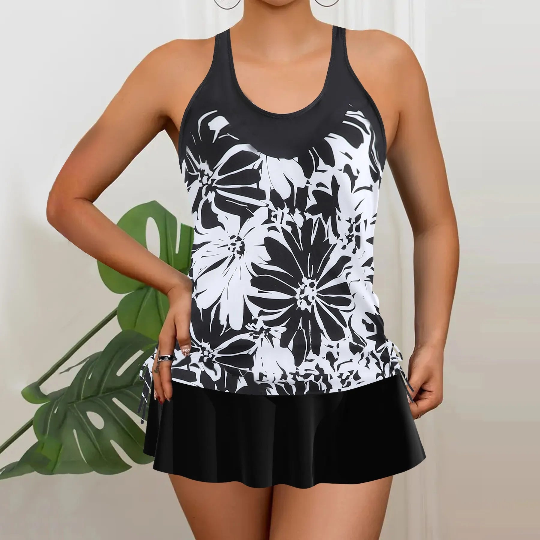 Tankini Woman Bikini Sleeveless Tank Top Skirted Bottom Bikinis Floral Print Swimsuit Pleated Skirt Two Piece Swimsuit Swimwear