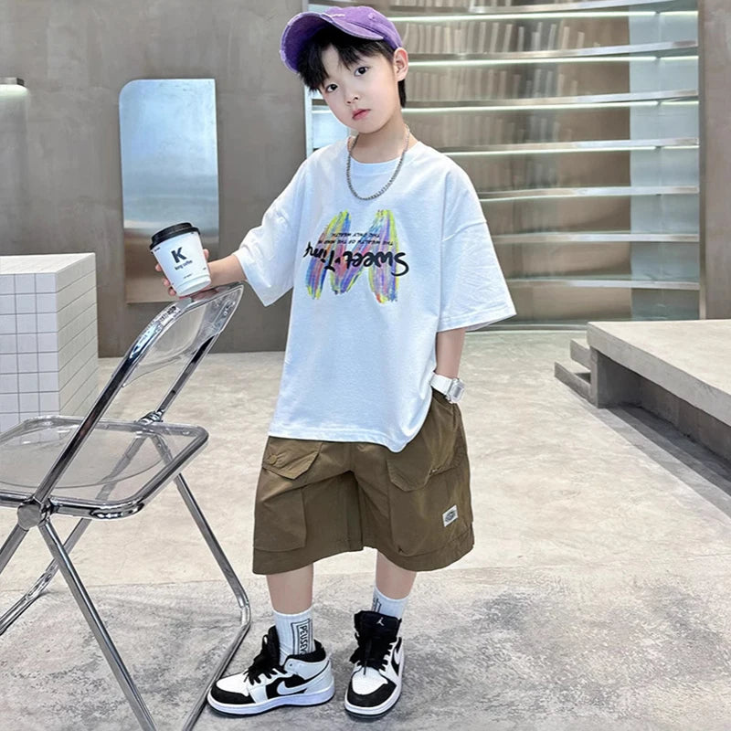 Summer Boys Clothing Set Fashion Short Sleeve Letter T-shirt Shorts 2Pcs For 4-12 Years Kids Tracksuits Teenager Casual Outfits