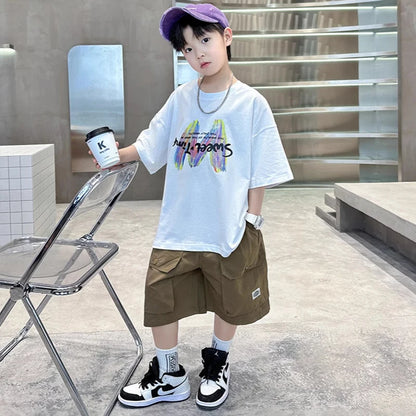 Summer Boys Clothing Set Fashion Short Sleeve Letter T-shirt Shorts 2Pcs For 4-12 Years Kids Tracksuits Teenager Casual Outfits