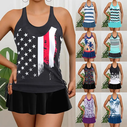 Tankini Woman Bikini Sleeveless Tank Top Skirted Bottom Bikinis Floral Print Swimsuit Pleated Skirt Two Piece Swimsuit Swimwear
