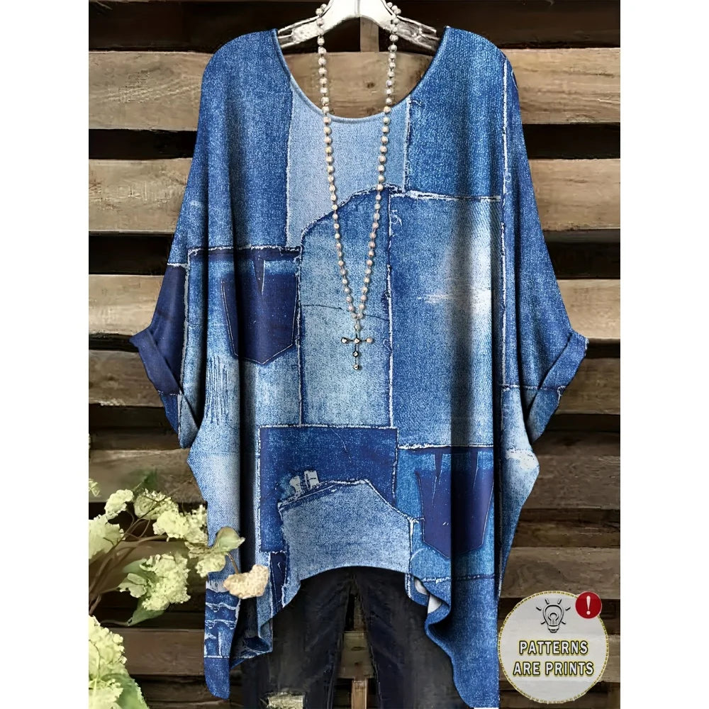T-Shirts Women Fashion Fake Denim Print Elegant Splicing Graphic O-Neck Medium Stretch Four Seasons Short Sleeve Woman Clothes